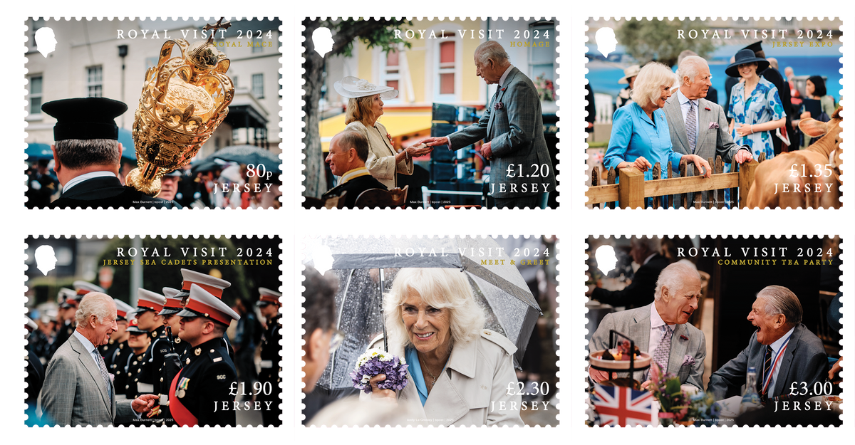 Royal Visit 2024 stamp set of King Charles and Queen Camilla's visit to Jersey