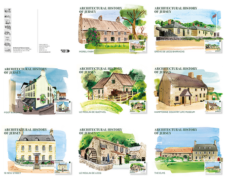 A set of eight postcards with architectural illustrations, labeled 'Architectural History of Jersey'.