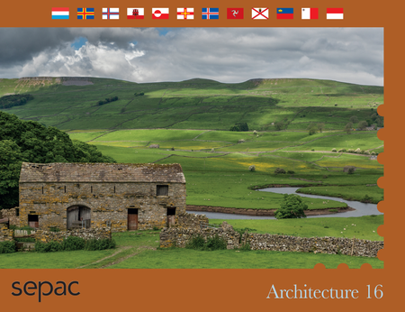 Stone building in a green landscape with a river, surrounded by flags at the top and 'sepac' branding at the bottom.