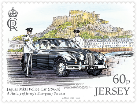 Jersey stamp 60p, Martin Mörck engraving, classic 60s Jaguar police car, Gorey Castle Jersey