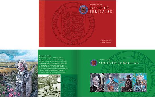 Visual of the Prestige Booklet from Jersey Stamps' 150 Years of the Société Jersiaise issue. The booklet cover is red with the Société logo prominently featured.
