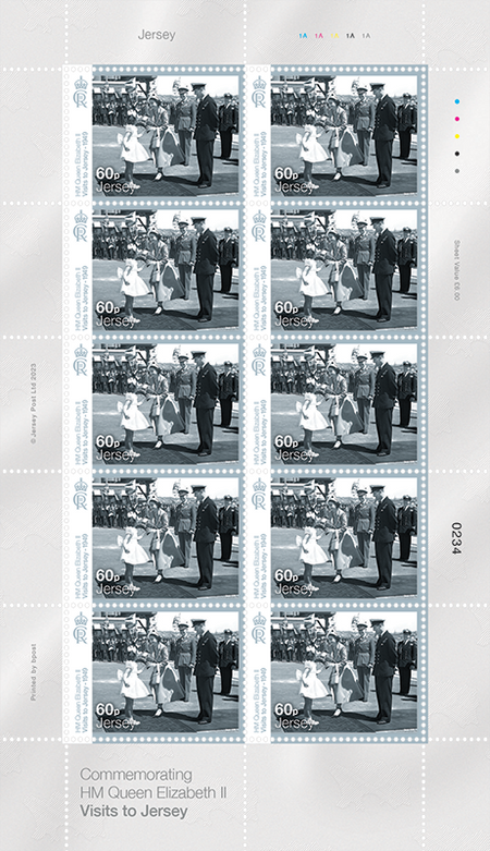 A sheet of 10x 60p stamps from the Commemorating HM Queen Elizabeth II Visits to Jersey stamp issue. Sheet selvedges include traffic lights and printer details.