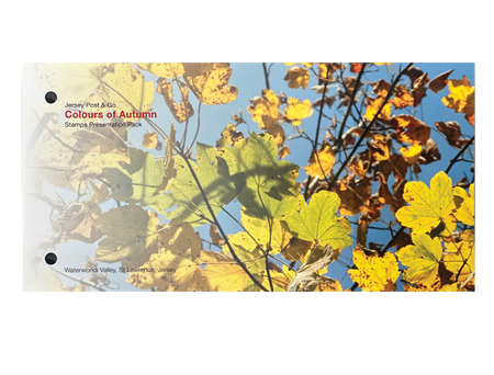 Post & Go Colours of Autumn stamp presentation pack with autumn leaves on a blue sky background.