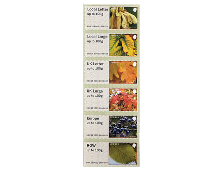 Sheet of postage stamps with various autumnal designs and text on a white background