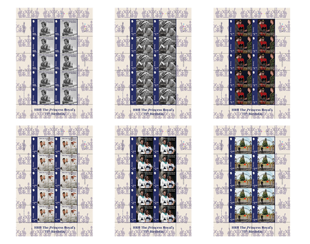 Sheet of stamps featuring images of a person and decorative elements on a white background
