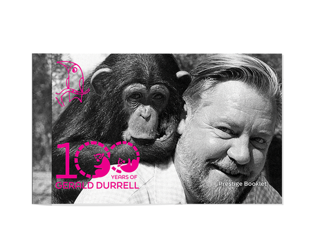 Booklet cover featuring a black and white photo of a man and a chimpanzee with '100 Years of Gerald Durrell' text.