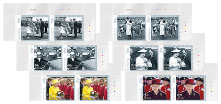 A pair of each of the six stamps from the the Commemorating HM Queen Elizabeth II Visits to Jersey stamp issue. Pairs include some of the selvedge attached.