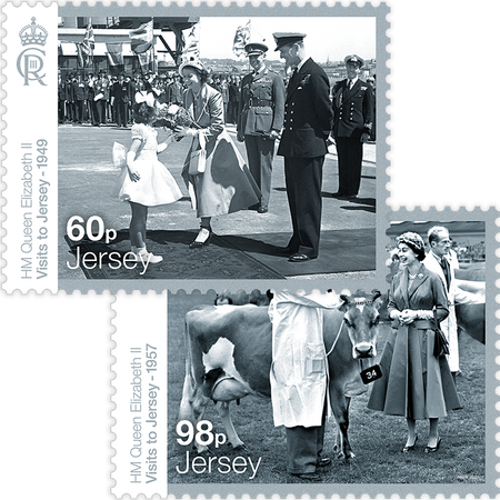 A pocket money set from the Commemorating HM Queen Elizabeth II Visits to Jersey stamp issue. Includes the 60p and 98p A stamp.