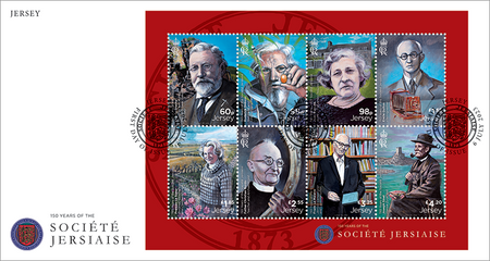 A First Day Cover envelope features a souvenir sheetlet of eight portrait stamps from the 150 Years of the Société Jersiaise issue.