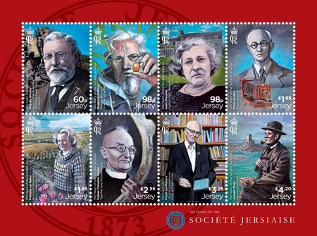 A souvenir sheetlet containing the eight portrait stamps from Jersey Stamps' 150 Years of the Société Jersiaise issue.