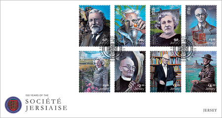 A First Day Cover envelope with eight mounted portrait stamps from the 150 Years of the Société Jersiaise issue.