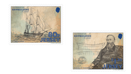 Two historical shipbuilding stamp with illustrations of ships and a shipyard owner.
