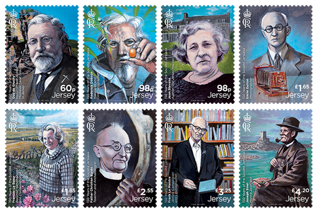 Eight portrait stamps from Jersey Stamps' 150 Years of the Société Jersiaise issue.