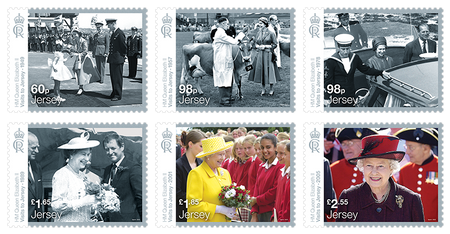 a set of six stamps from the Commemorating HM Queen Elizabeth II - Visits to Jersey stamp issue. Each stamp includes one archive photograph of Her Majesty on the Island.