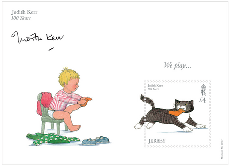 A miniature sheet from the Judith Kerr - 100 Years issue features an illustration from Kerr's beloved children's book Mog and Me.