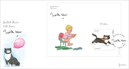 A first day cover envelope displays the miniature sheet from our Judith Kerr - 100 Years issue. The sheet features an illustration from beloved book Mog and Me.