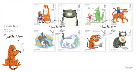 A first day cover envelope displays the eight stamp Judith Kerr - 100 Years set. The issue features illustrations from Kerr's most beloved children's books.