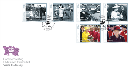 FDC displaying a set of six stamps from the Commemorating HM Queen Elizabeth II - Visits to Jersey stamp issue. Each stamp includes one archive photograph of Her Majesty on the Island.