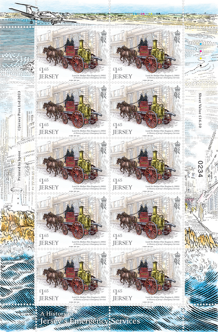 Image of Jersey Post £1.65 stamp sheet of ten with decorative selvedge from the 'A History of Jersey's Emergency Services' issue, illustrated by Martin Mörck.