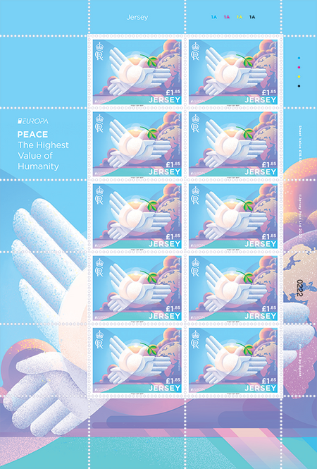 A sheet of 10 stamps from Jersey's EUROPA 2023 PEACE issue. The stamps are set within an illustrated selvedge. The stamps feature colourful illustrations of a dove with an olive branch.