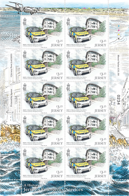 Image of Jersey Post £3.25 stamp sheet of ten with decorative selvedge from the 'A History of Jersey's Emergency Services' issue, illustrated by Martin Mörck.