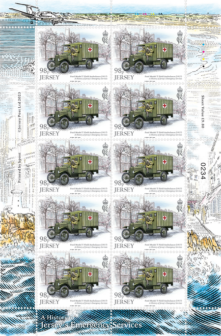 Image of Jersey Post 98p stamp sheet of ten with decorative selvedge from the 'A History of Jersey's Emergency Services' issue, illustrated by Martin Mörck.
