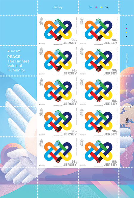 A sheet of 10 stamps from Jersey's EUROPA 2023 PEACE issue. The stamps are set within an illustrated selvedge. They feature a colourful, celtic knot inspired illustration of two intertwined hands.