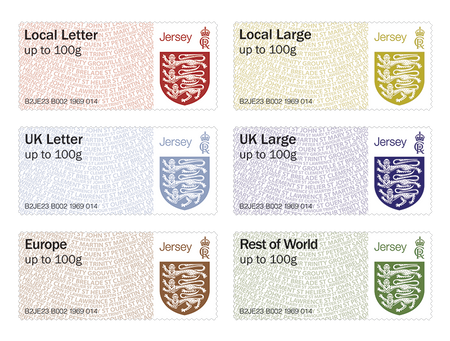 Buy Now: A strip of 6 self-adhesive, digitally printed stamps from the 'Post & Go -The Crest of Jersey' issue. These stamp strips printed at our back office's B002 machine.