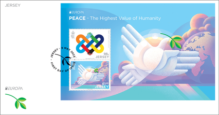 A first day cover white envelope with the souvenir miniature sheet from Jersey's EUROPA 2023 PEACE issue. The bottom left of the envelope features the EUROPA logo and an olive branch illustration.