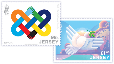 The two stamp set from Jersey's EUROPA 2023 PEACE issue. The 98p stamp features a colourful celtic knot style illustration, and the £1.85 stamp features a graphic illustration of a dove with an olive branch.