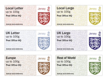 Buy Now: A strip of 6 self-adhesive, digitally printed stamps from the 'Post & Go -The Crest of Jersey' issue. These stamp strips printed at our Rue Des Pres post office's JE03 machine.