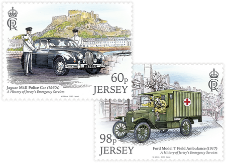 Image of Jersey Post pocket money set featuring 60p and 98p stamps from the 'A History of Jersey's Emergency Services' issue, illustrated by Martin Mörck.