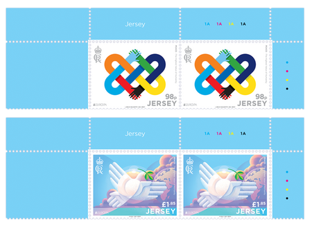 A block pair of stamps from Jersey's EUROPA 2023 PEACE issue. The stamps are set within a blue selvedge.