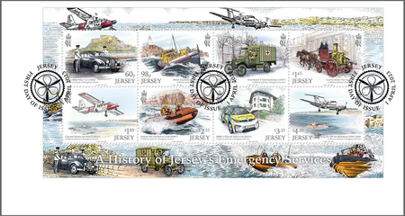 Image of a Jersey Post First Day Cover featuring eight stamps souvenir sheetlet from the 'A History of Jersey's Emergency Services' issue, illustrated by Martin Mörck.