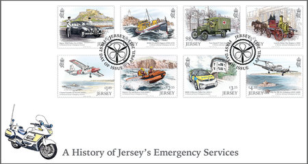 Image of a Jersey Post First Day Cover featuring eight stamps from the 'A History of Jersey's Emergency Services' issue, illustrated by Martin Mörck.