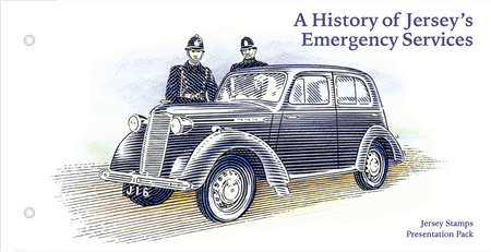 Image of a Jersey Post presentation pack featuring eight stamps from the 'A History of Jersey's Emergency Services' issue, illustrated by Martin Mörck.