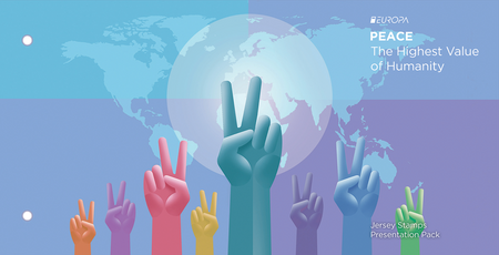The stamp presentation pack for Jersey's EUROPA 2023 PEACE issue features colourful illustrations of hands forming peace signs in front of a world map.